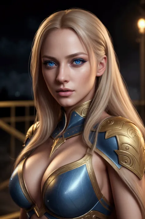 a beautiful girl with long blonde hair, beautiful detailed eyes, beautiful detailed lips, extremely detailed face,long eyelashes, blue eyes, lightning emanating from hands, blue and gold combat gloves, revealing clothing,  seductive and sexy pose, and a th...