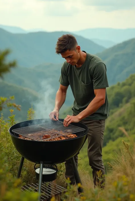 A young man making a grill at hilly area 