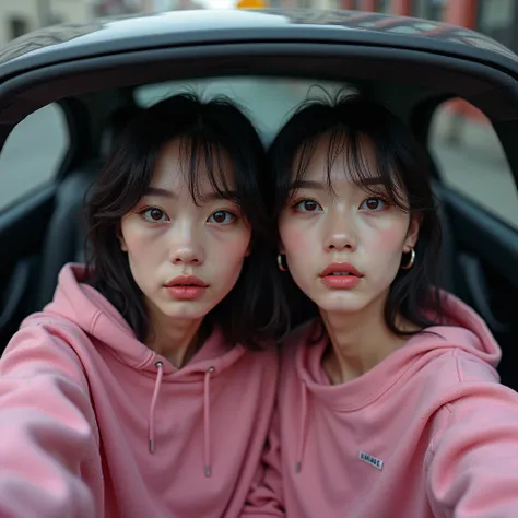 Identical twin sisters、High angle photo of a beautiful young girl in cyberpunk style, Realistic skin texture, look up,Pink sweatshirt,Posing in a car, 1 / 2 cuts, 8 5mm Art Lens, 1 1 1. 2, Sharp focus, 8K high resolution, Very detailed, Complex, chic, Art ...