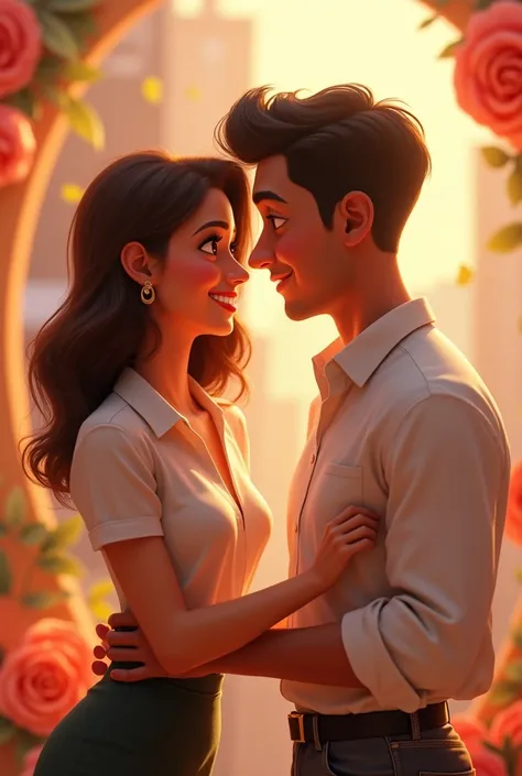 Couple in pixar mode, female accountant, brown straight hair and man with a technical background in networks and telecommunications, mestizo brown skin
