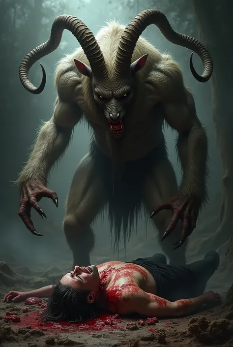 A half-man, half-goat demon is eating the brains of an injured human. 