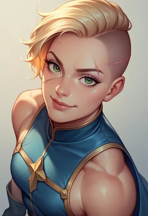 a young woman with peach to tan skin, light blond short hair swept back with central bangs, undercut, green eyes, square jaw, scar on face, beautiful, athletic, muscular, wearing knights clothing, a blue cape, blue sword,with an additional accessory, comic...