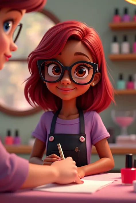 Pixar style image, Dark skinned girl with shoulder length ruby red hair, with glasses. Purple T-shirt and black apron. Manicurist 