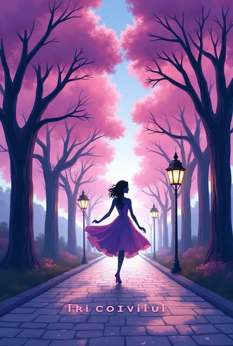 LOGO FOR RESTAURANT WITH THE WORD BOULEVARD make a path with purple leaf trees looked like cherry trees with streetlights and the word boulevard and the shadow of a young woman dancing with the word BOULEVARD