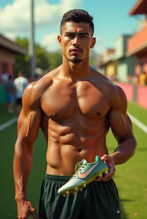 Imagine shirtless mexican soccer player holding his sneakers in hand.