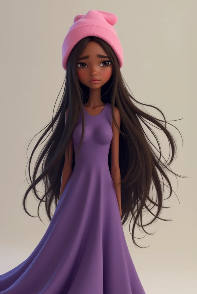 Young Black girl. Sad. Long brown hair. Pink beanie on head . Long purple modern clothing. Animated. Ultra high quality.
