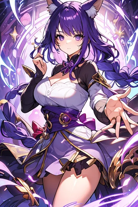 An adult woman with purple eyes, long bright purple hair with fox ears. Wears an elegant dress. She must be wearing a purple leggings. she comes from wonderland