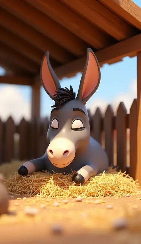 Image of a donkey lying down and resting on a pile of straw in a corral. The donkey seems relaxed, with his eyes half-closed, enjoying a moment of tranquility. The roofed corral is surrounded by a wooden fence, in 3D animated style.