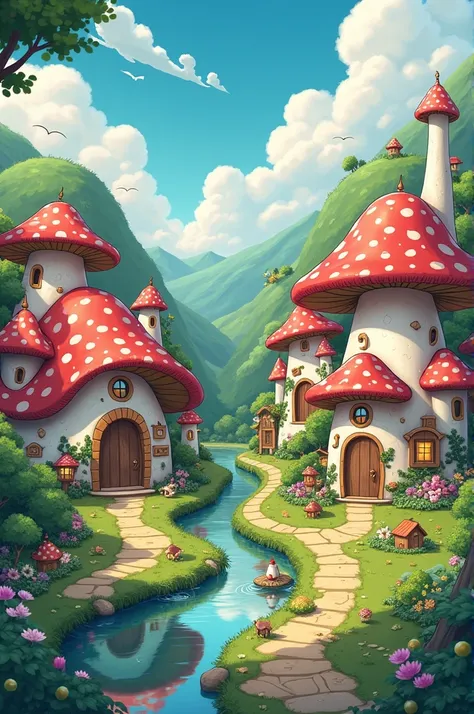 Viĺarejo with mushroom houses, anime styling