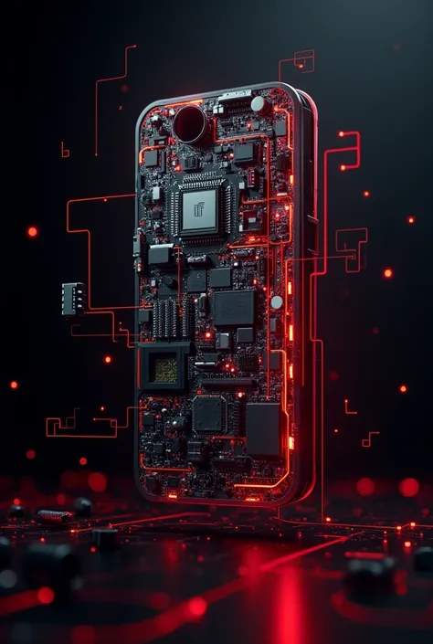 Cell phones disassembling with futuristic red lines on black background