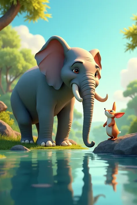 Hathi standing by a calm river, drinking water, while Khargosh approaches him with a playful, challenging look. The river reflects the surrounding trees and sky, creating a serene atmosphere. Hathi, confident and slightly amused, turns his head to look at ...