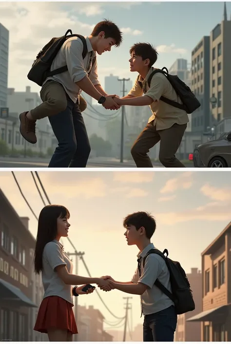 The image will have 2 scenes,The first one is a boy lifting another person,The second,a boy shaking hands with a girl but not so lively and the scenes don&#39;t have the same background
