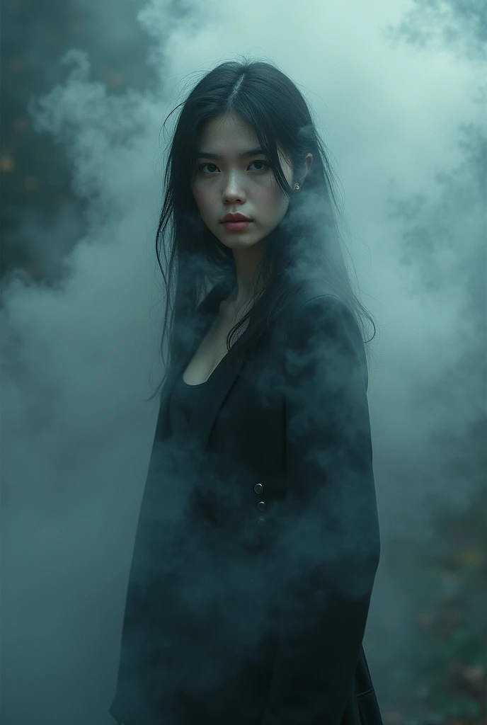 Photograph of a young woman standing looking straight ahead., It is caused by swirling smoke and vapor., Peter Lindbergh&#39;s Style, complicated artwork masterpiece, ominous, golden ratio, Trending on CGSociety, complicated, epic, Trending on artstation, ...