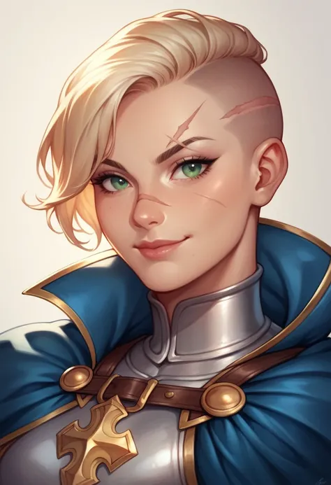 a young woman with peach to tan skin, light blond short hair swept back with central bangs, undercut, green eyes, square jaw, scar on face, beautiful, athletic, muscular, wearing knights clothing, a blue cape, blue sword,with an additional accessory, comic...