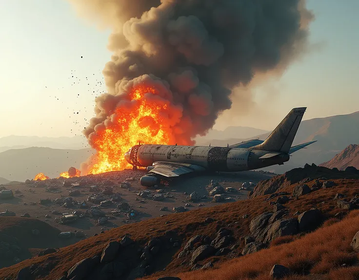  Plane explosion on hill with debris and smoke. Show a broad view of the impact, with debris scattered and smoke rising into the sky. The scene should have a feeling of total destruction.. (extremely detailed CG unit 8K wallpaper, Artwork, best quality, ul...