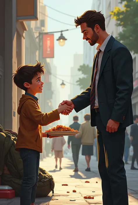 The image will have 2 scenes,The first one is a boy offering food to a homeless man ,The second,A boy shaking hands with an adult man but not so lively and the scenes do not have the same background
