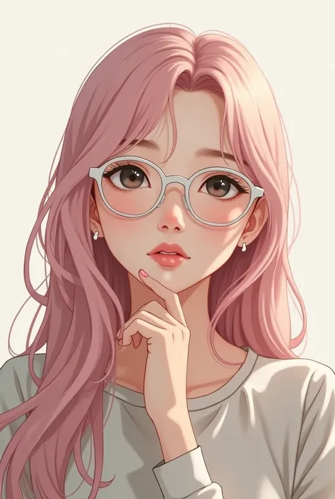 young woman, Caucasian skin, long light pink hair, rosy lips and cheeks, eyes black. Her expression is soft, but serious. She wears white-framed prescription glasses.. She is dressed like a college girl and looks smart.. 