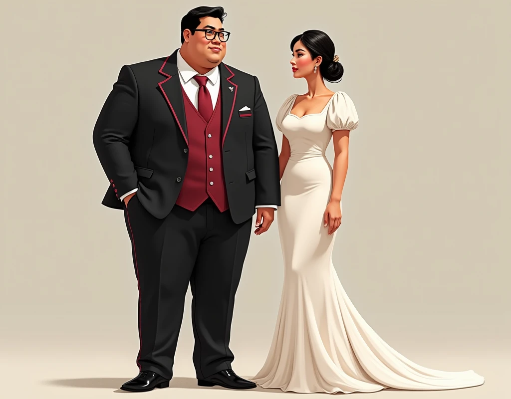 Create a photorealistic grooms attire. A black suit with burgundy outlining, with white long sleeve and burgundy vest and burgundy necktie and black pants with black shoes. The suit is for a 5feet filipino large male, 80kilograms weight and light brown ski...