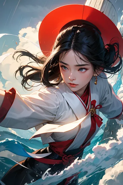 A bust-up of a beautiful black-haired shrine maiden who flies into the sky, manipulates water, and uses wind magic to blow away the rain, calling for the sun.