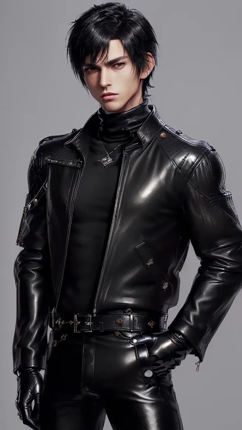 ((Final fantasy taste and reality graphics)), ((Japanese young cute and cool ikemen  boy)), his age is early 20s, thin eyebrows and beady eyes,  ((((he wearing black color leather very thick single-brest jacket)))),((((leather jacket is smooth luster and s...