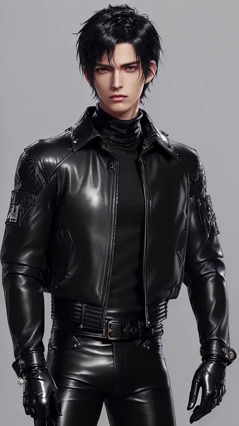 ((Final fantasy taste and reality graphics)), ((Japanese young cute and cool ikemen  boy)), his age is early 20s, thin eyebrows and beady eyes,  ((((he wearing black color leather very thick single-brest jacket)))),((((leather jacket is smooth luster and s...