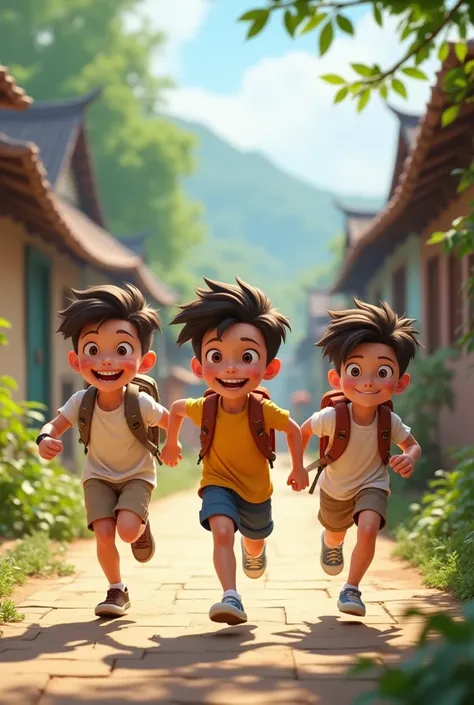 3 male children running with backpacks in a village