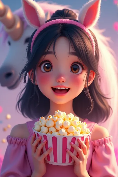 brunette woman, with medium length straight black hair tied with a pink headband, with popcorn in hand and a unicorn backdrop