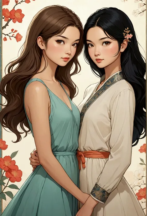 Two beautiful women in love, both dressed modern in a tender attitude towards each other, Sarah Kay style, one British, with semi-short light brown hair, and the other woman with delicate Asian features, with long black hair.