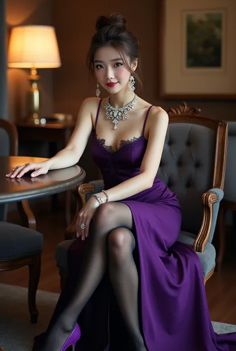 Japanese facial features, one woman sitting in a chair with both feet placed on a table, full-body photo from head to toe is required, including shoes, sharp focus, beautiful full color, purple high heels, camera angle from the floor looking up at the woma...