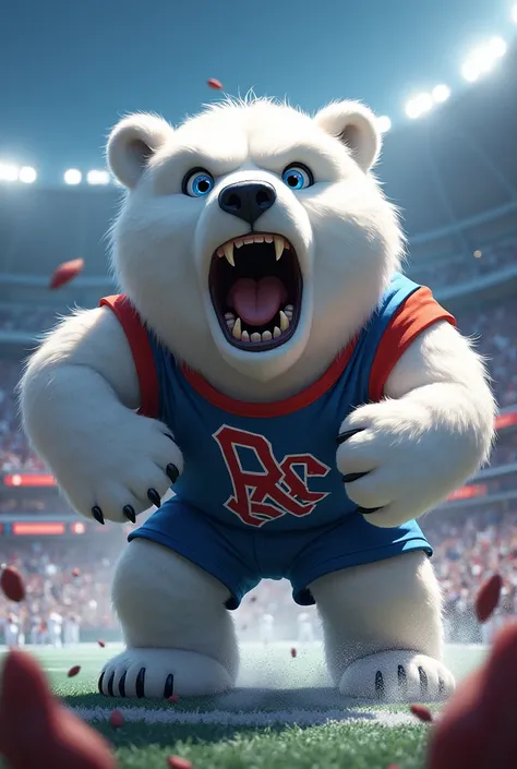 I need a polar bear, The color blue, that he is a fan of a sports team, has to express anger, euphoria of a celebration, It must be a mascot for my faculty team.