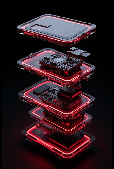 Various glass cell phones disassembling with futuristic red lines on black background