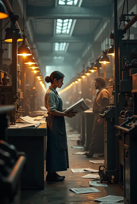 Scene of Maria Nieves in a printing press, checking the pages of the newspaper while the workers print. The atmosphere is one of intense work