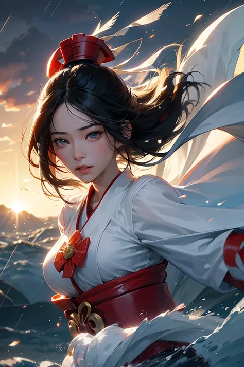 A bust-up of a beautiful black-haired shrine maiden who flies into the sky, manipulates water, and uses wind magic to blow away the rain, and calls the sun with her hair flowing.