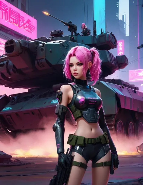 A girl with long hair, wavy and pink standing in front of a tank with a neon sign reading “FMS”, mechanized soldier girl, m4 sopmod ii girls frontline, futuristic style short macaque, soldier girl, with pink hair, infantry girl, ready for combat, non-style...