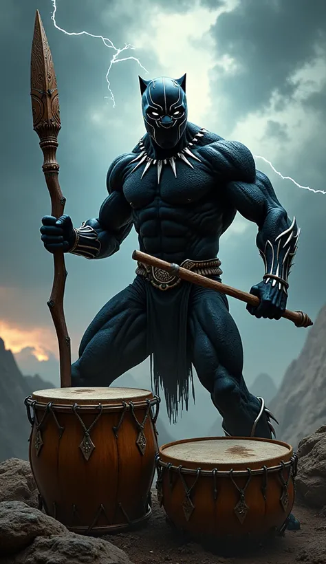 Rock Black Panther marvel holding a stick sitting playing drums with a background of thunder and very rock vibes.