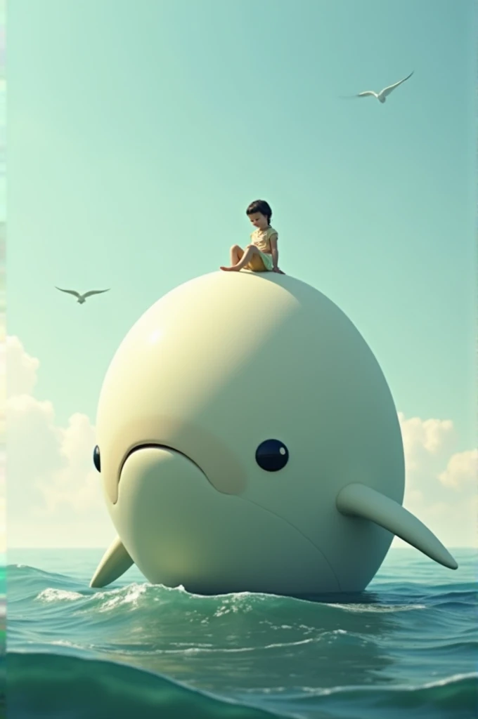 Create a short person riding an egg-faced whale