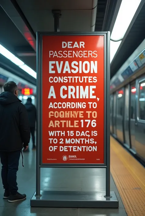 Get an image of a banner made by Emdec, saying so, Dear passengers, Evasion constitutes a crime, according to article 176, with 15 days to 2 months of detention.  send me a picture of this.
