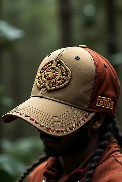 Tribal Inspired Cap: Cap with a design that incorporates tribal patterns in earth tones, like brown, olive green and beige. The front panel has a large tribal symbol representing strength and unity., embroidered in gold thread. The visor is made of a leath...