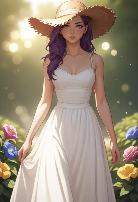 score_9, score_8_up, score_7_up, score_6_up, score_5_up, score_4_up, source_anime, rating_explicit, NSFW, close-up, front view, 1girl, blue eyes, purple hair, straight long hair, straw hat, formal white dress, walking, flower garden, sunshine, bokeh, line-...