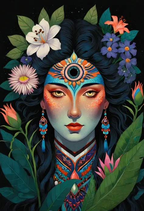 painting of a woman with a flower bouquet in her hair, art deco flower shaman, flowers covering eyes, dark flower shaman, flower shaman, digital art illustration, surreal waiizi flowers, 中 国 鬼 节, intricate artwork. neon eyes, 中 元 节, digital illustration, j...