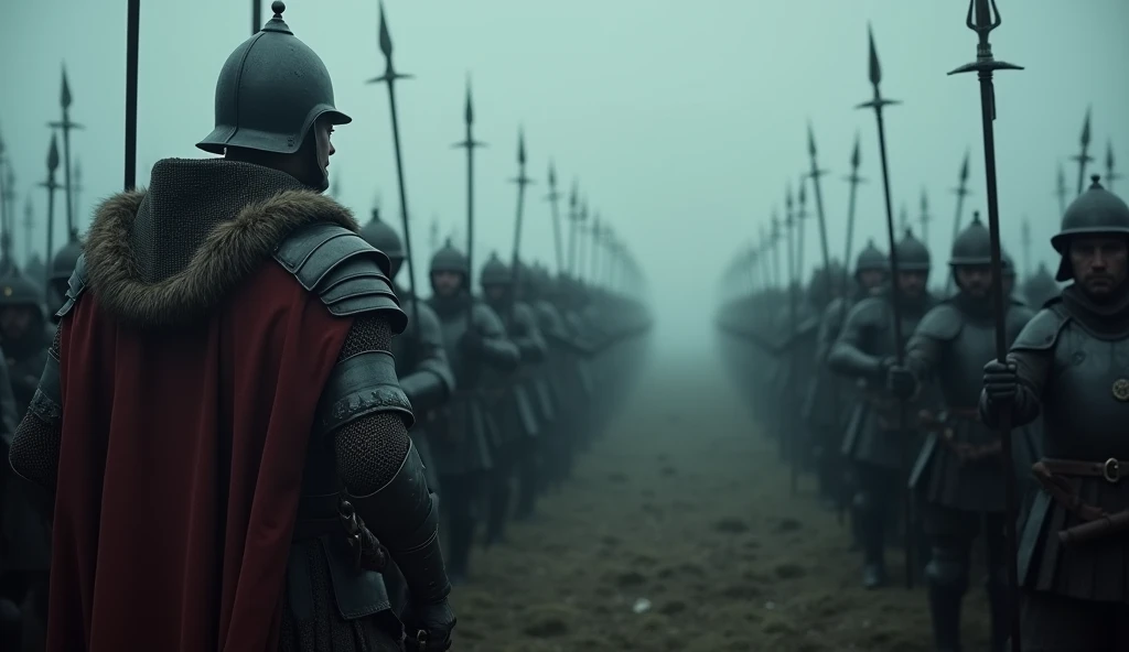 In a moody, atmospheric setting, English troops prepare for war with meticulous precision. The scene unfolds in a dimly lit training ground, where the early morning mist swirls around the encampment. Soldiers, clad in weathered armor and cloaked in dark hu...