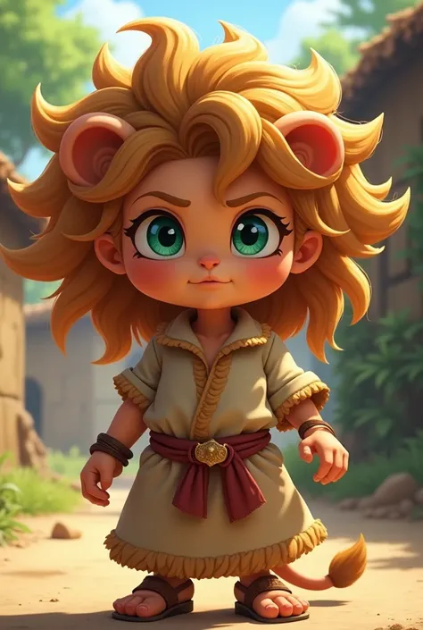 A child character with Hair: Arabela has long hair, voluminous and flowing, that resemble a lion&#39;s mane. They are probably a vibrant color, like a light brown or golden, reflecting his vain personality and wild energy.eyeballs: Your eyes can be large a...