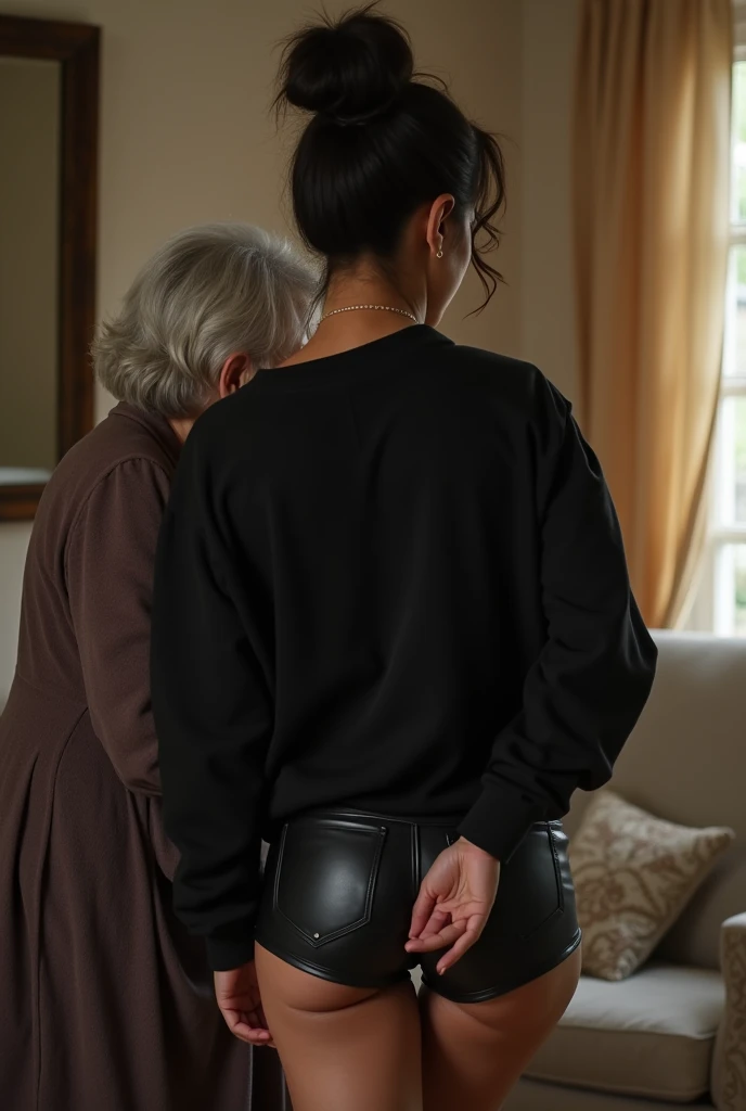 black woman hair in a bun black hoodie black leather short shorts being fucked in the ass by a old grandma in a dress