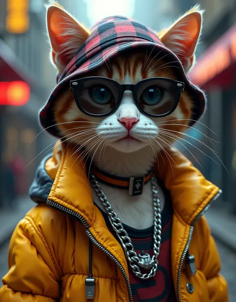 Cat wearing a hip hop jacket, punk, silver chain on neck, earphone in ear, hip hop hat on head, hip hop, sunglasses 