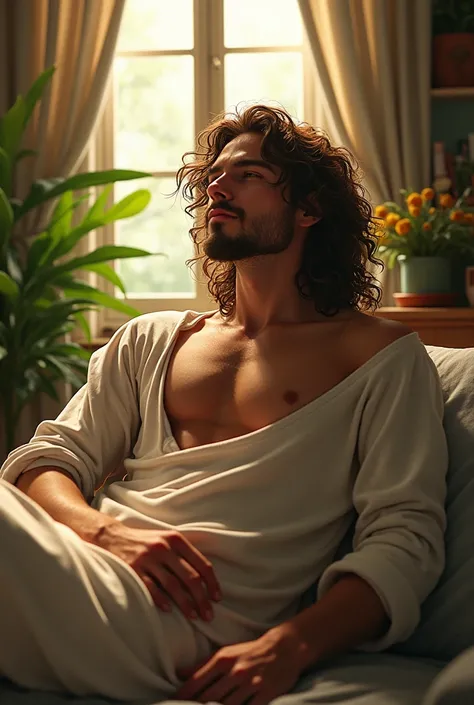 Sigma man 
loose off-shoulder top, pajama pants, long curly hair, indoors, soft lighting, plants in background, window with sunlight, cozy room, relaxed pose, realistic, intricate details, warm colors, by Greg Rutkowski, by Alphonse Mucha