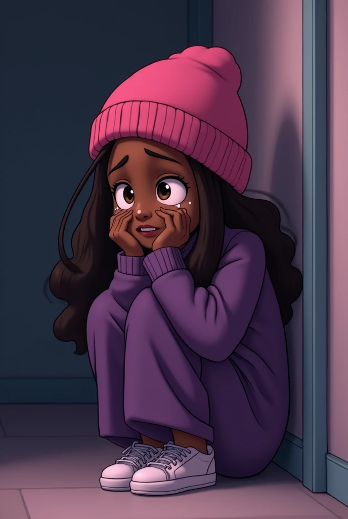 Young Black girl. Anguish. Sorrow. Hurt. Pain. Tears streaming down face. Breaking down. Isolated. Huddled in a corner crying. Long brown hair. Pink beanie on head . Long purple modern clothing. Animated. Ultra high quality.
