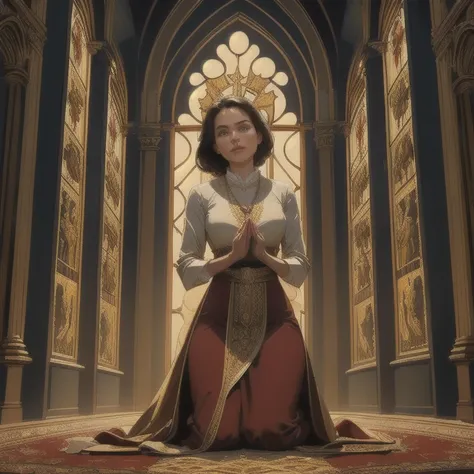 intricate detailed portrait of a woman kneeling in a church praying, deeply spiritual expression, serene and pure, pious christian woman, devotion, cinematic lighting, dramatic shadows, golden hour, volumetric rays of light, high detail, photorealistic, 8k