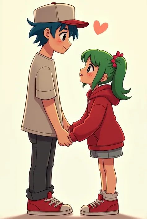 boyfriend_fnf, simple background, shirt, 1boy, hat, holding, blue hair, full body, male focus, shoes, pants, red footwear, sneakers , black eyes, And Melony, Green Hair, Red Eyes, Facial Markings, watermelon hairclip, Red HoodieI. Holding hands 