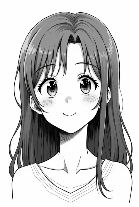 Black and white images like in manga. A young woman with long dark grey hair and sweet smiling eyes.