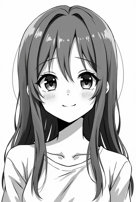 Black and white images like in manga. A young woman with long dark grey hair and sweet smiling eyes.